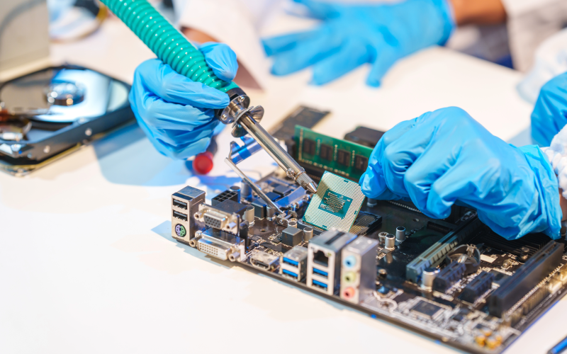 Factory working working on a PCB for smart home IoT Products