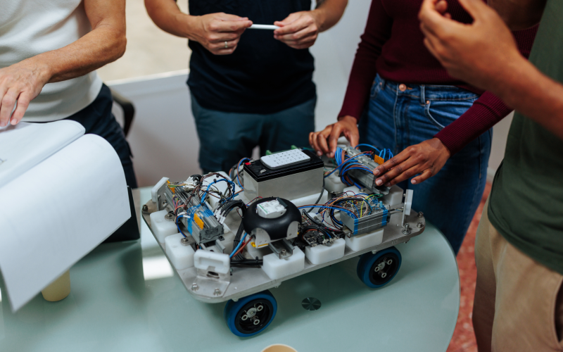Image of people working on robotics, figuring out how to scale for mass production